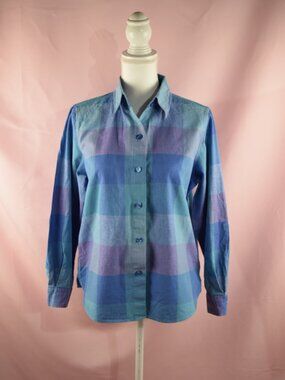 Liz Baker Blue & Purple Plaid Long Sleeve Button-Up Blouse | Size MP